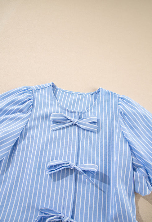 Sky Blue Striped Bowknot Detail Puffy Sleeve Top and Shorts 2Pcs Set